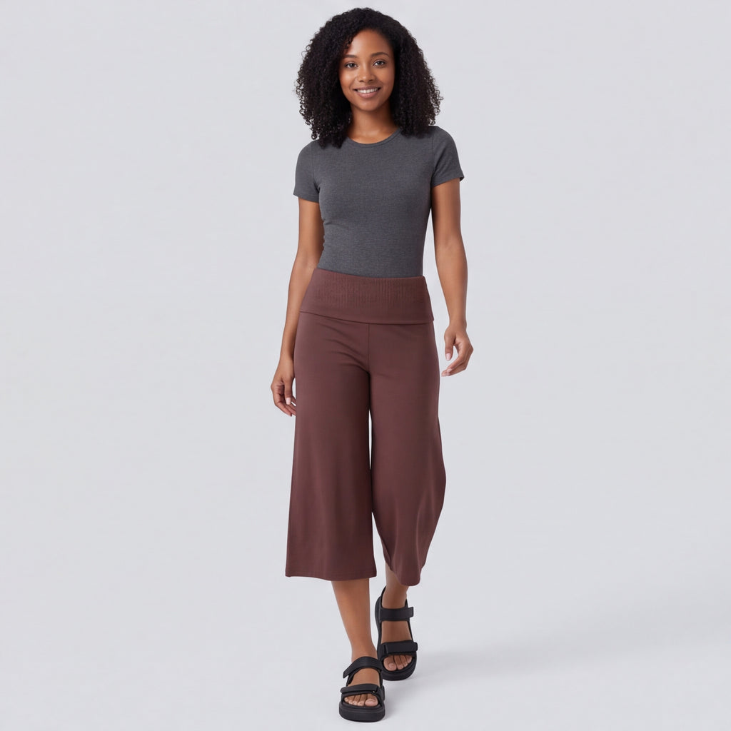Fold-Over Wide Leg Gaucho Pants Pastel Coffee
