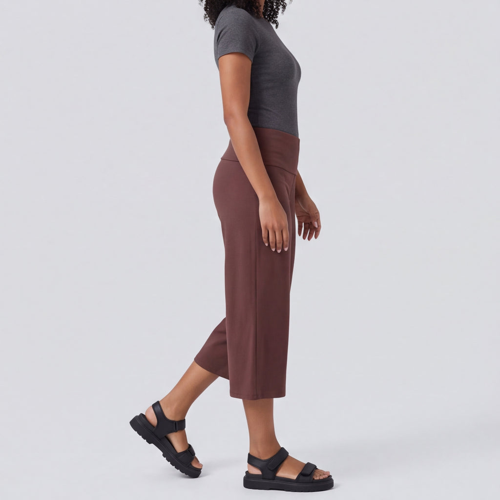 Fold-Over Wide Leg Gaucho Pants Pastel Coffee