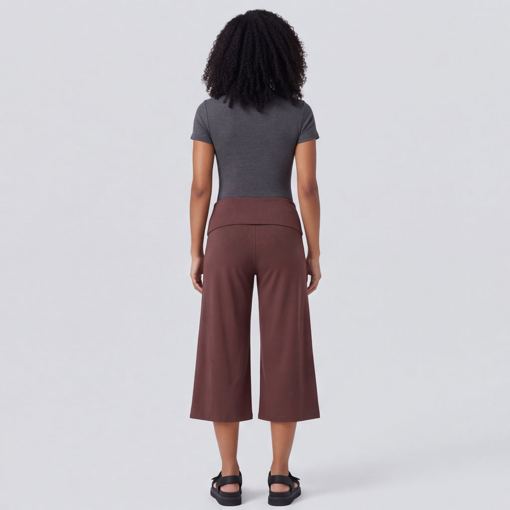 Fold-Over Wide Leg Gaucho Pants Pastel Coffee