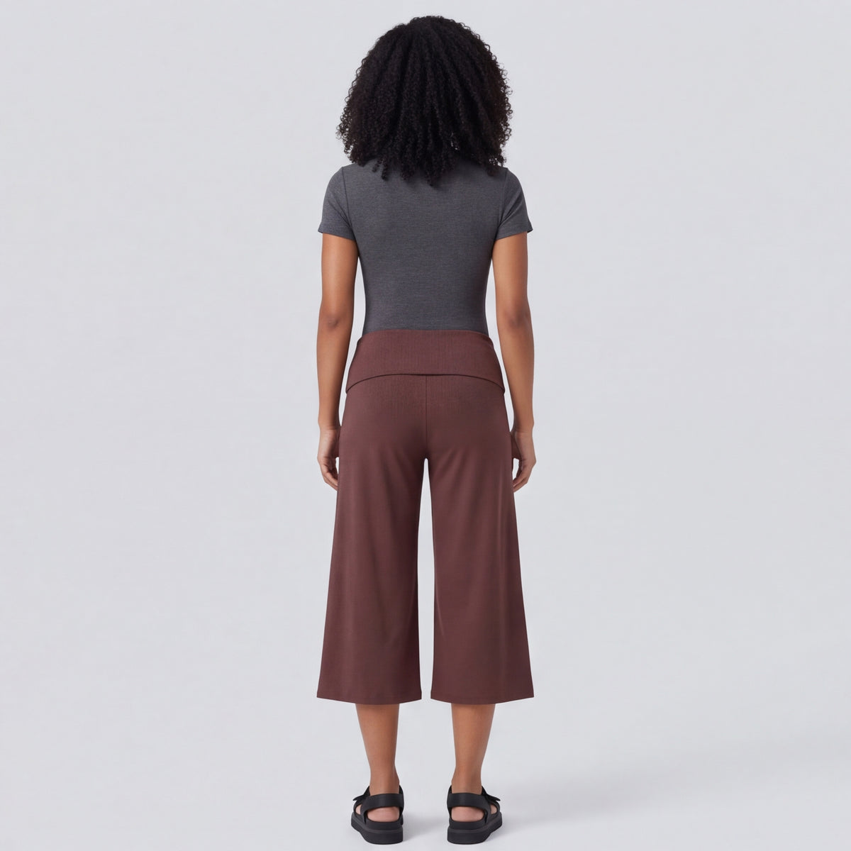 Fold-Over Wide Leg Gaucho Pants Pastel Coffee