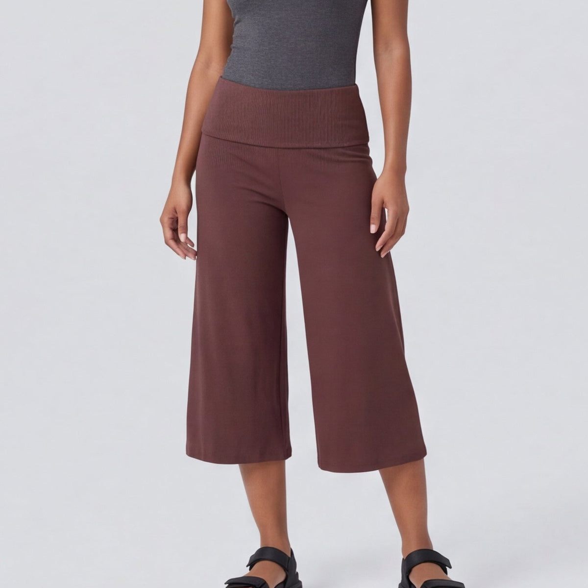 Fold-Over Wide Leg Gaucho Pants Pastel Coffee
