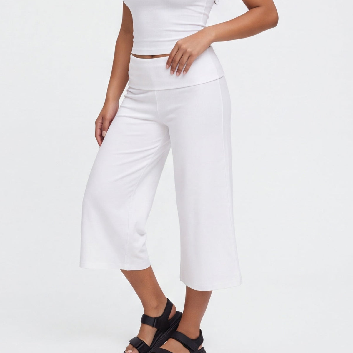 Fold-Over Wide Leg Gaucho Pants Pastel White