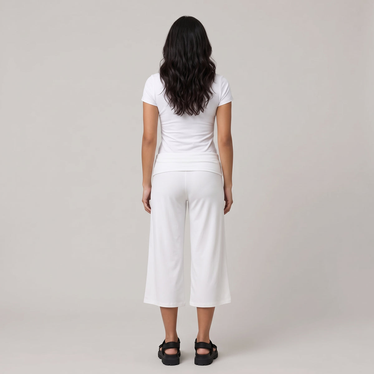 Fold-Over Wide Leg Gaucho Pants Pastel White