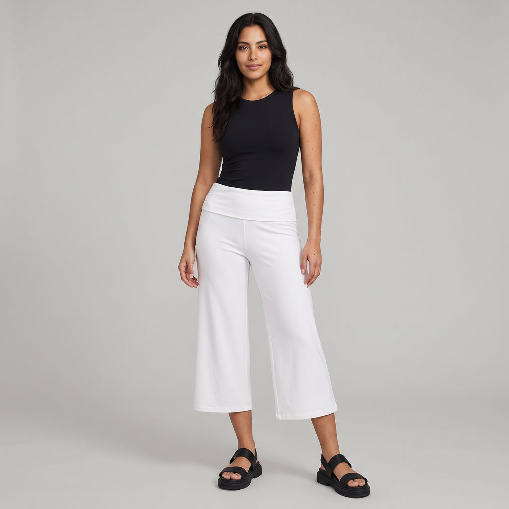 Fold-Over Wide Leg Gaucho Pants Pastel White