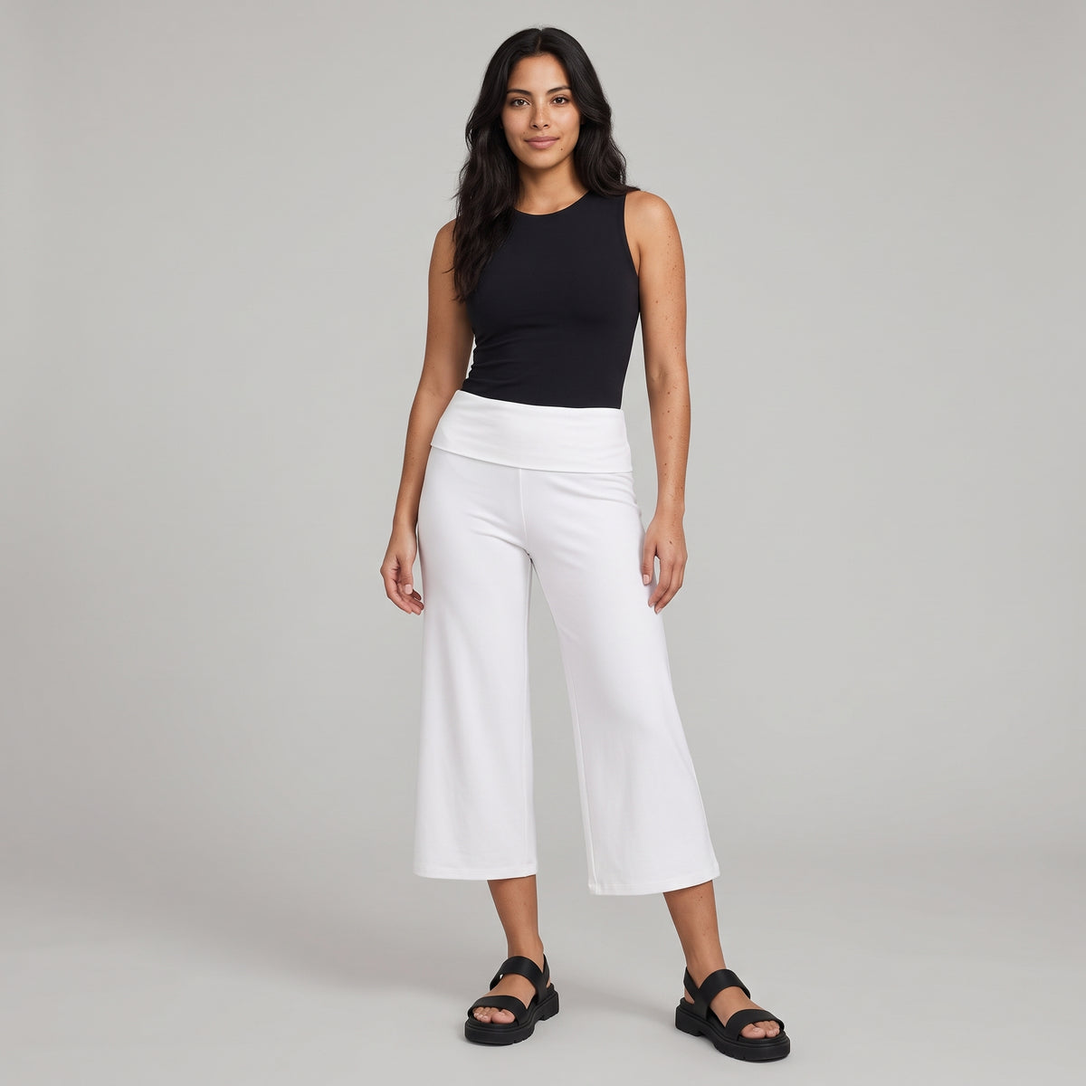 Fold-Over Wide Leg Gaucho Pants Pastel White