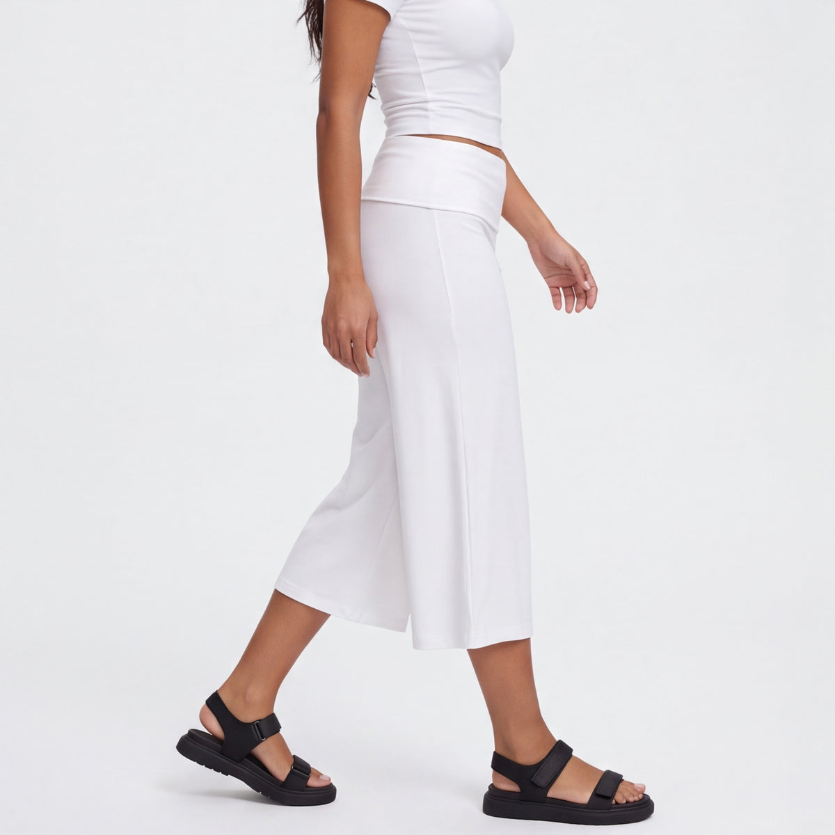 Fold-Over Wide Leg Gaucho Pants Pastel White