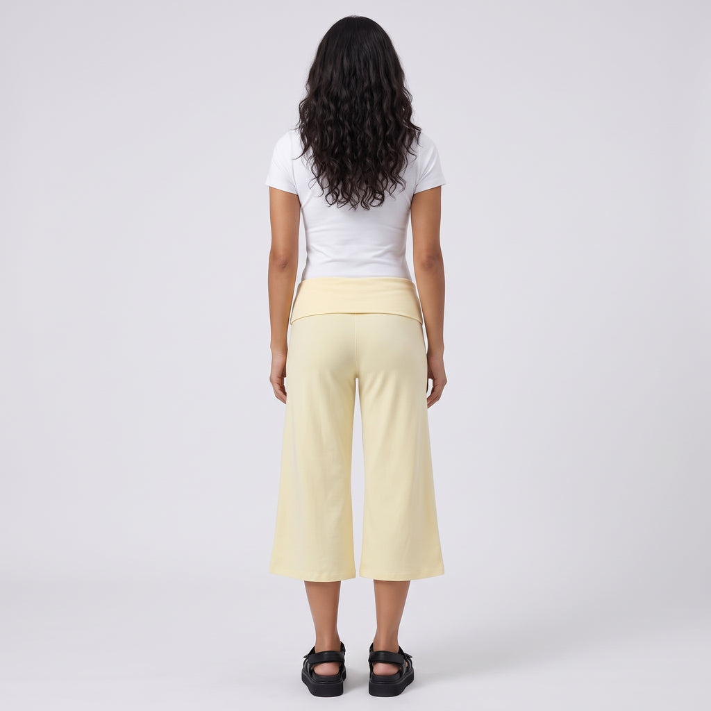 Fold-Over Wide Leg Gaucho Pants Pastel Yellow