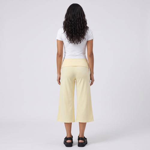 Fold-Over Wide Leg Gaucho Pants Pastel Yellow