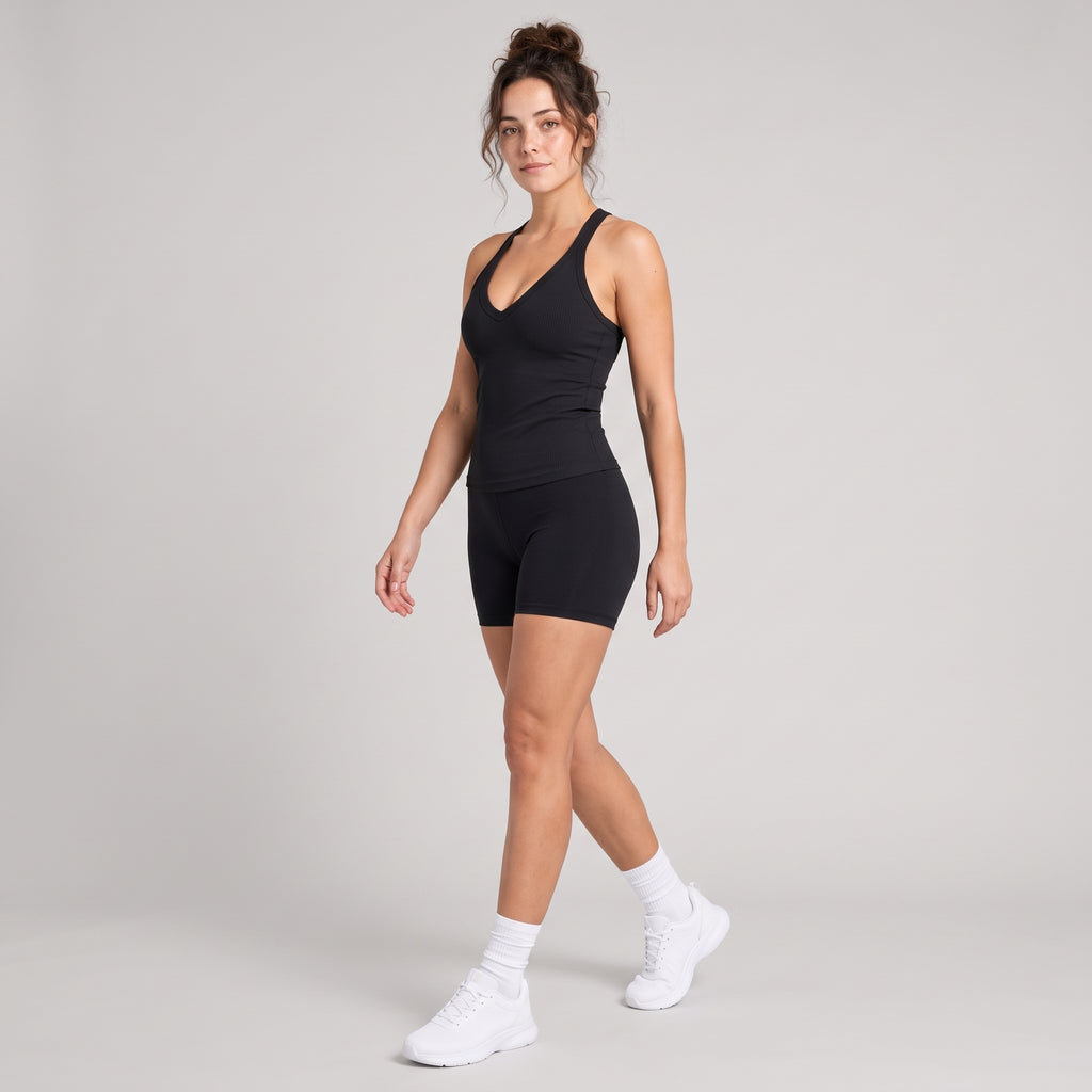 Ribbed V-Neck Fitted Tank Black