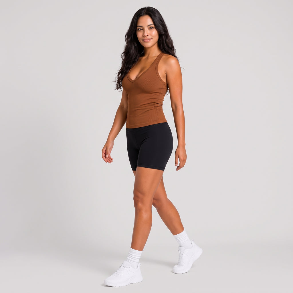 Ribbed V-Neck Fitted Tank Brown