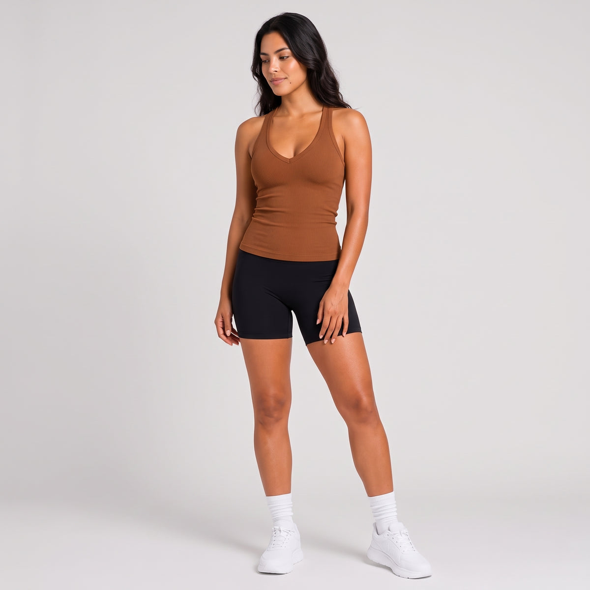 Ribbed V-Neck Fitted Tank Brown