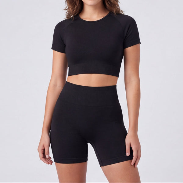 Women's Seamless Crop Top & Shorts Set Black
