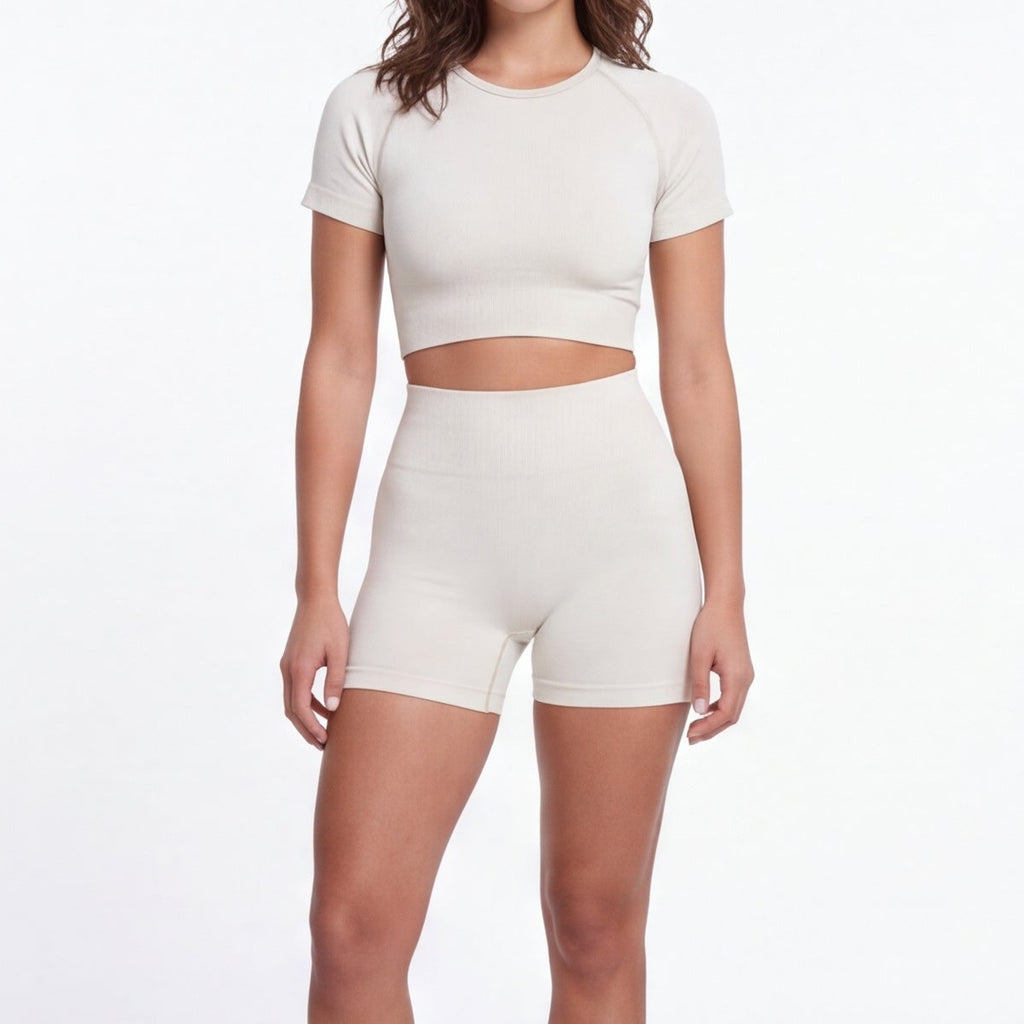 Women's Seamless Crop Top & Shorts Set Ivory White