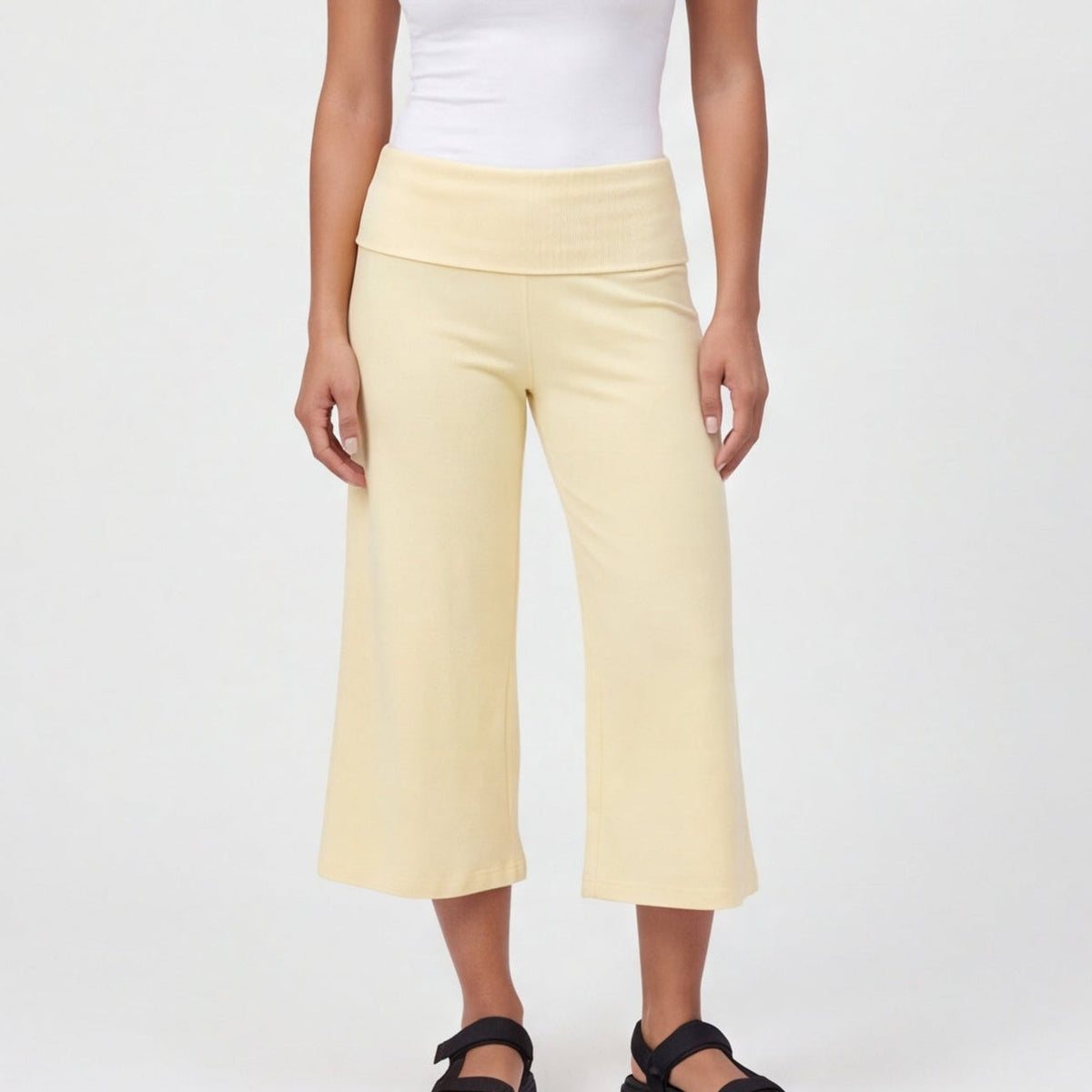 Fold-Over Wide Leg Gaucho Pants Pastel Yellow
