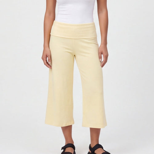 Fold-Over Wide Leg Gaucho Pants Pastel Yellow