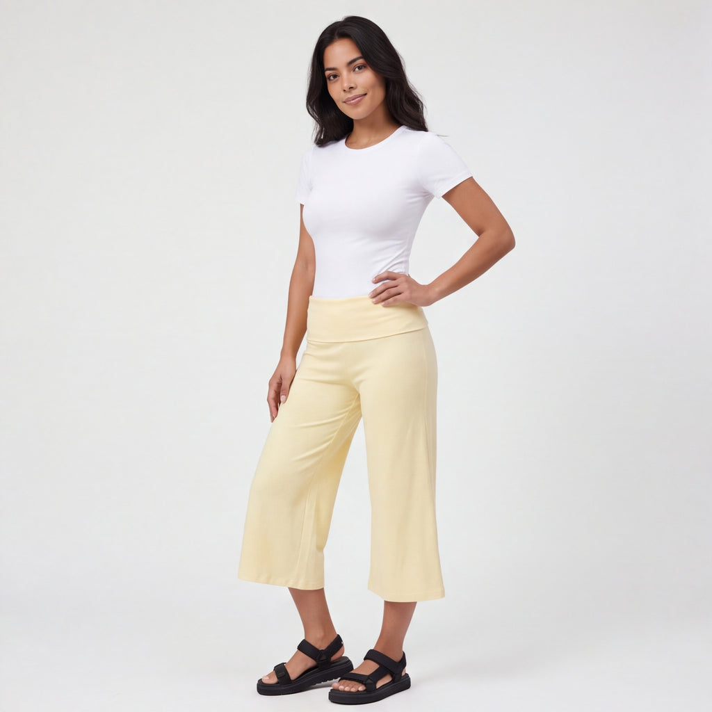Fold-Over Wide Leg Gaucho Pants Pastel Yellow