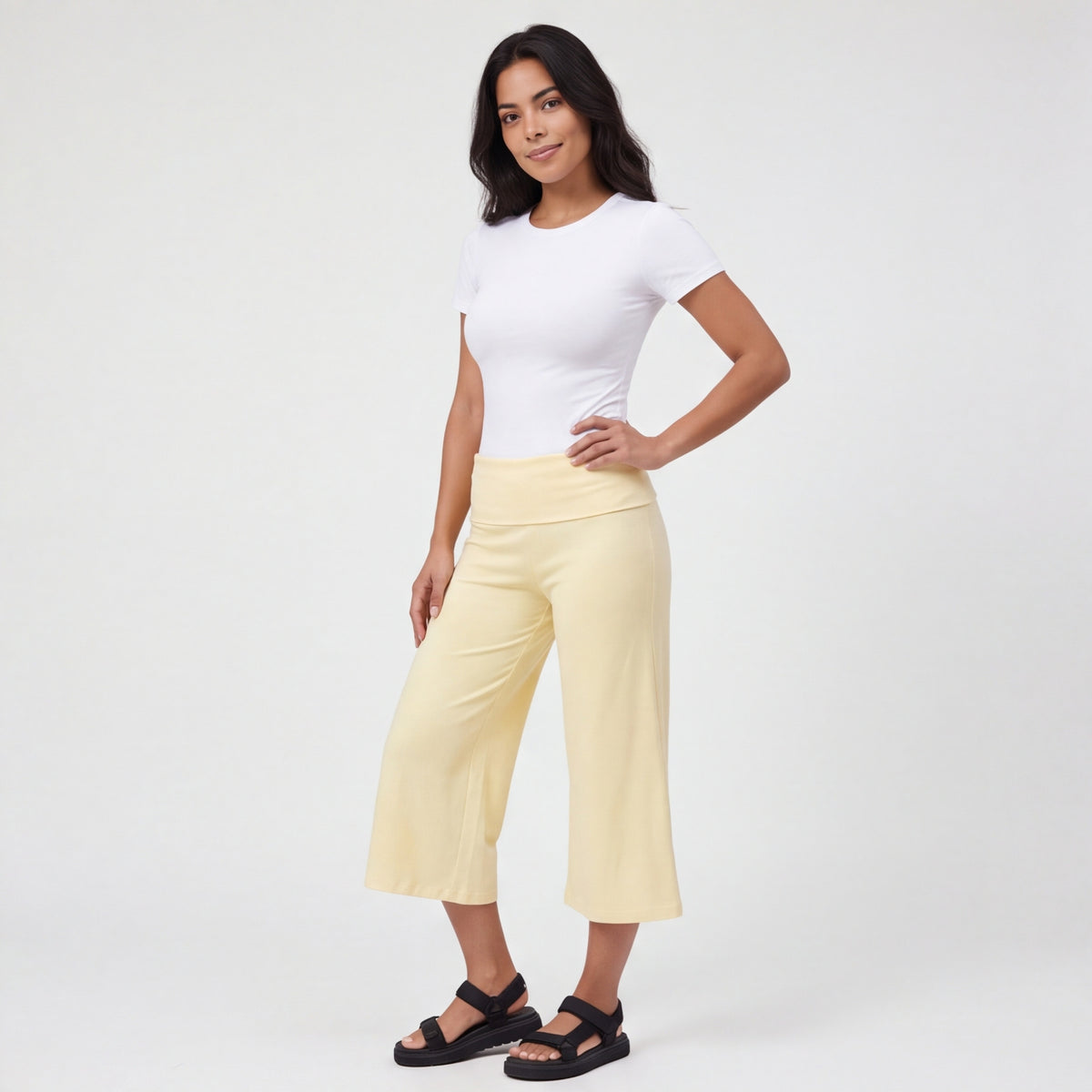 Fold-Over Wide Leg Gaucho Pants Pastel Yellow