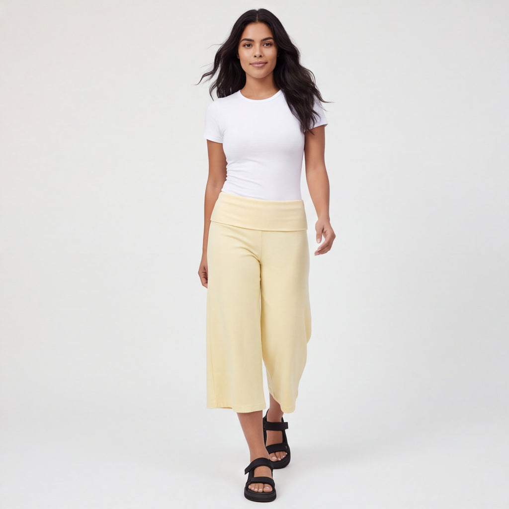 Fold-Over Wide Leg Gaucho Pants Pastel Yellow