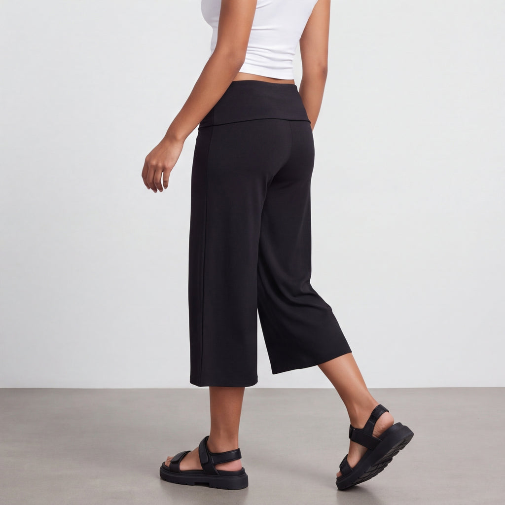 Fold-Over Wide Leg Gaucho Pants Pastel Black