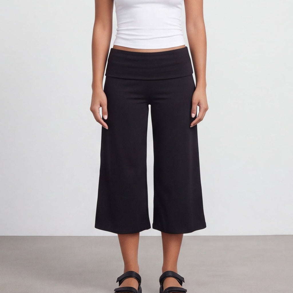 Fold-Over Wide Leg Gaucho Pants Pastel Black