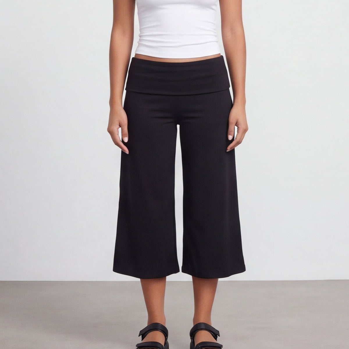 Fold-Over Wide Leg Gaucho Pants Pastel Black